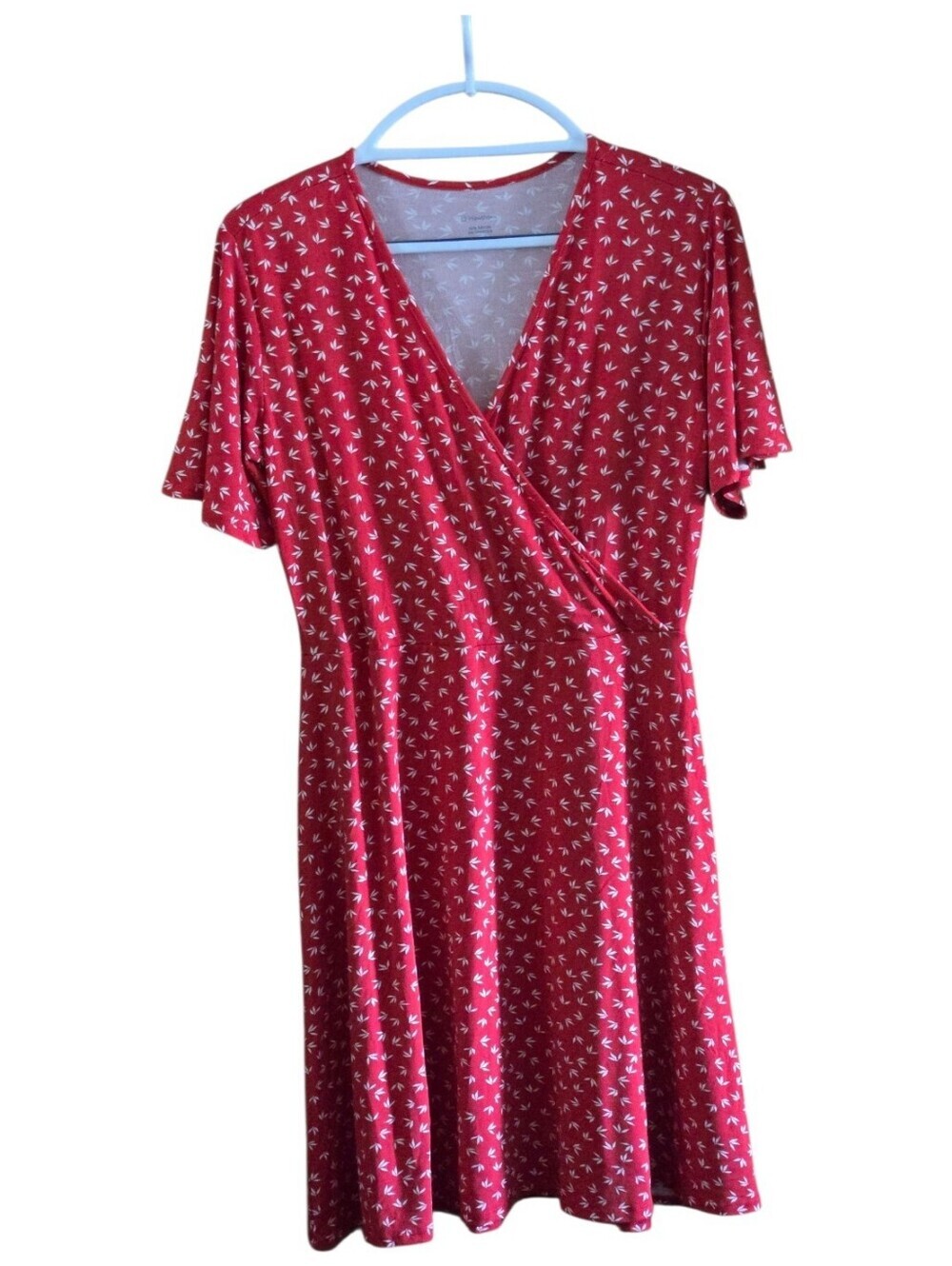 41 Hawthorn Elisse Knit Surplice Midi Dress Red White Leaf Print Women's L NWT